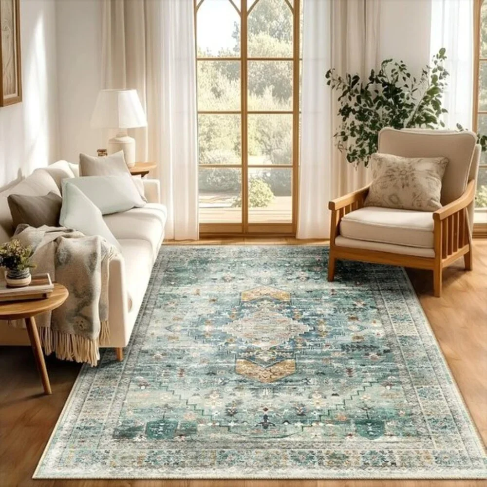 5x7 Green Boho Area Rug, Washable, No Pile, Non-Slip Vintage Distressed Carpet